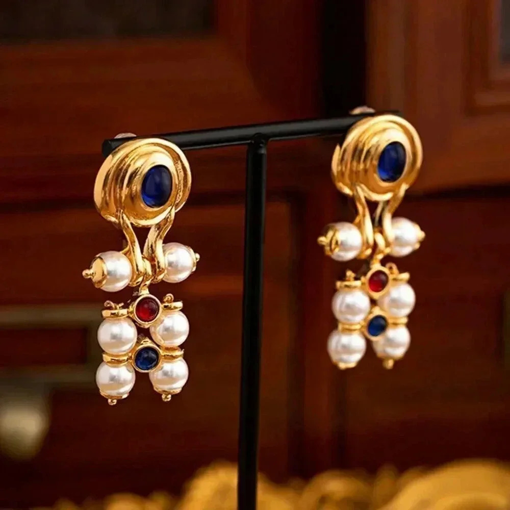 Blue Women's Imitation Stone Metallic Beaded Faux Pearl Gold Plated Earrings - Picture 3 of 8
